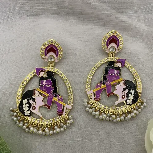 Traditional Radha Krishna Earrings with Purple Stone & Jhumka