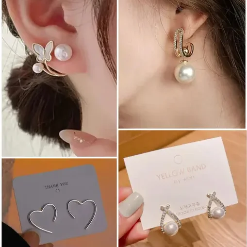 cute korean fashion inspired combo earrings with pearl for women