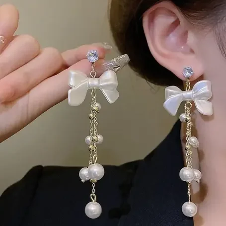 korean style long ribbon earrings with hanging pearls