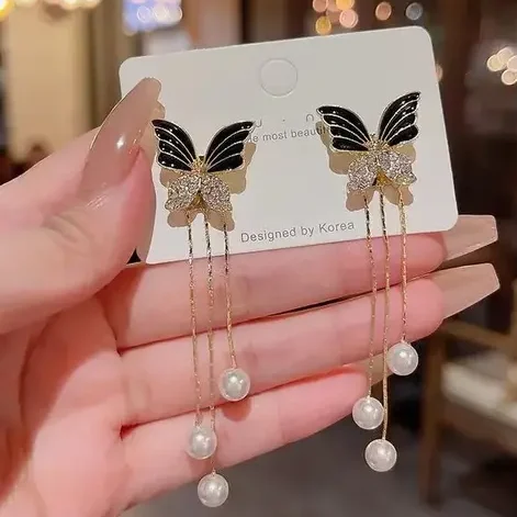 korean style black butterfly drop earrings with pearls for women