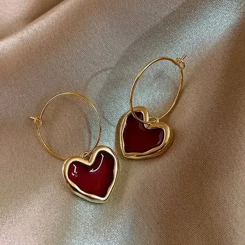 Korean style red heart shaped drop earrings with hoop for women
