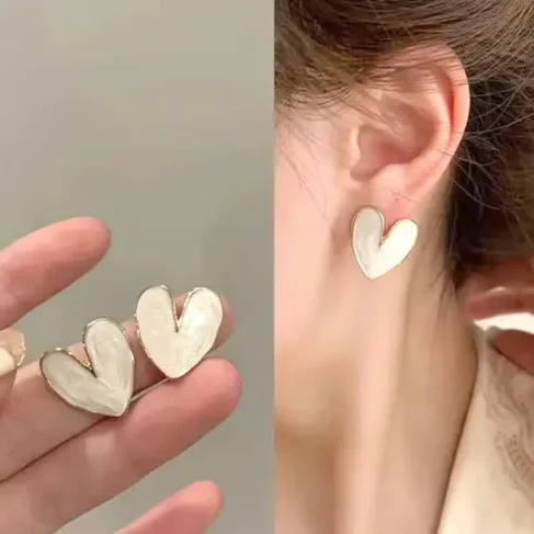 korean style white heart stud earring for women