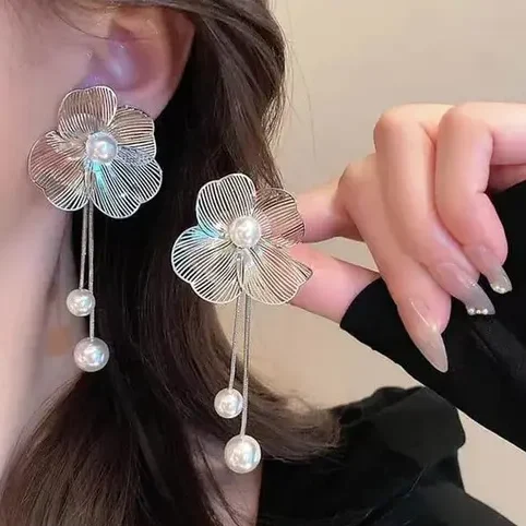 korean style flower earrings with hanging pearls for women