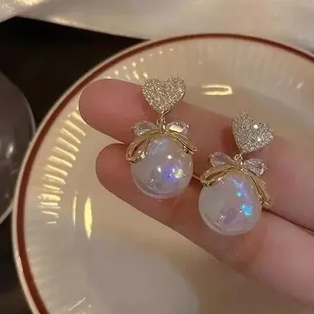 Gold Heart with white pearl korean earrings for women