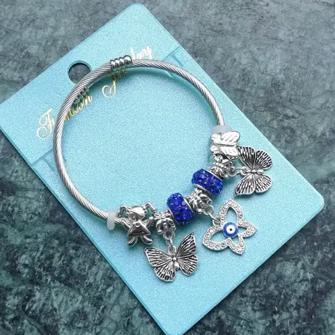 korean style pandora bracelet with butterfly and blue gems for women