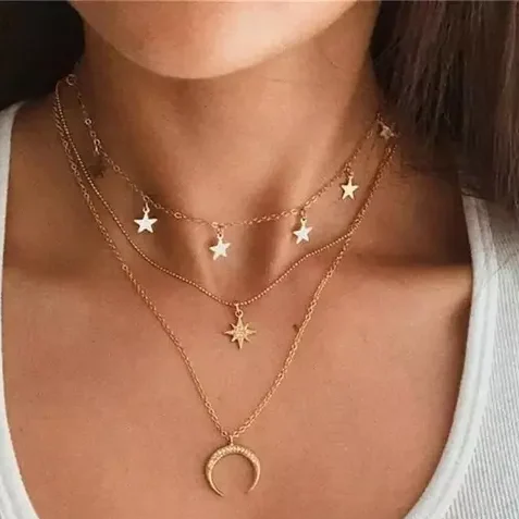 korean triple layer crescent moon with stars necklace combo for women