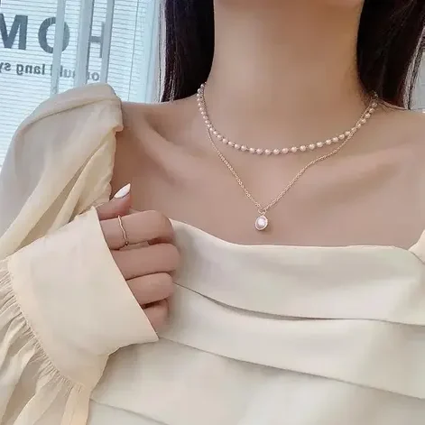double layer gold plated necklace with round pearl pendant for women