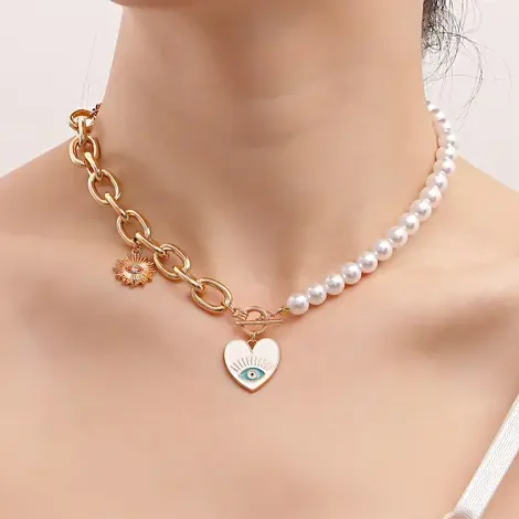 gold plated chain necklace with pearls evil eye and sunflower pendants
