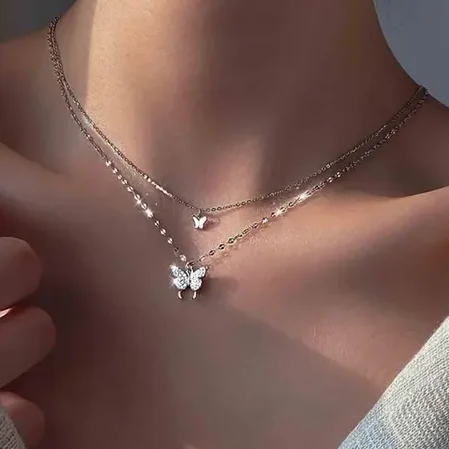korean Double layer butterfly necklace with rhinestone for women