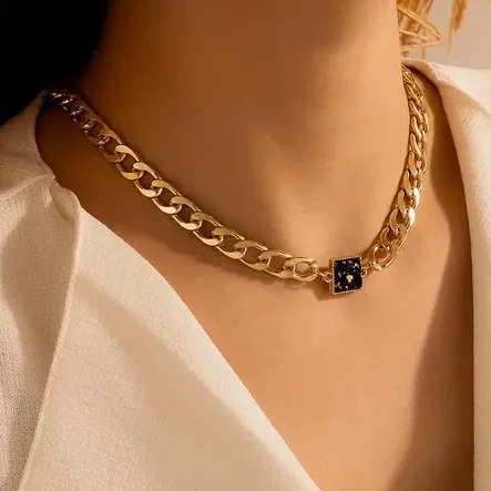 stylish gold plated thick chain necklace with creative diamond